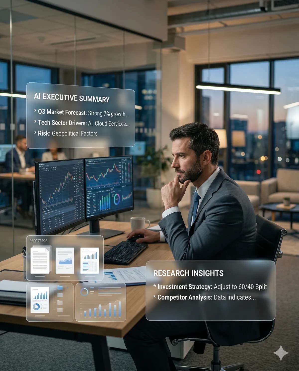 Consulting team reviewing an AI-assisted executive insights dashboard
