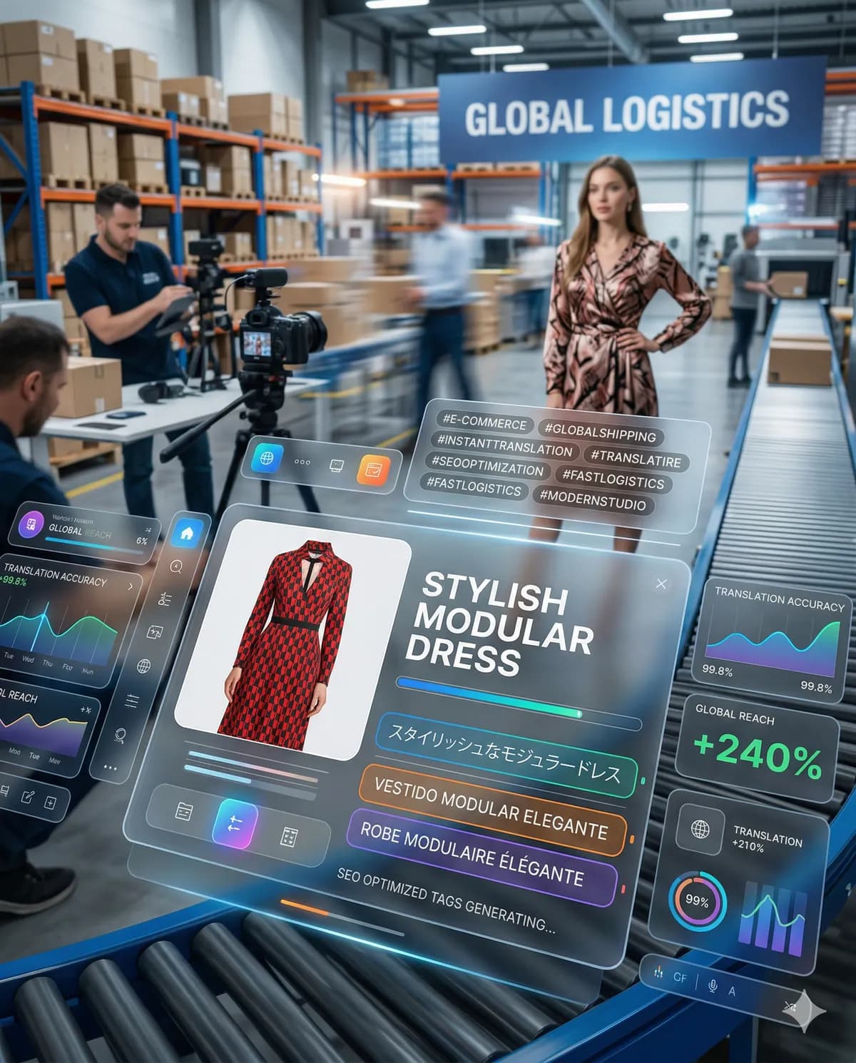 Cross-border retail workspace showing multilingual product content and performance views