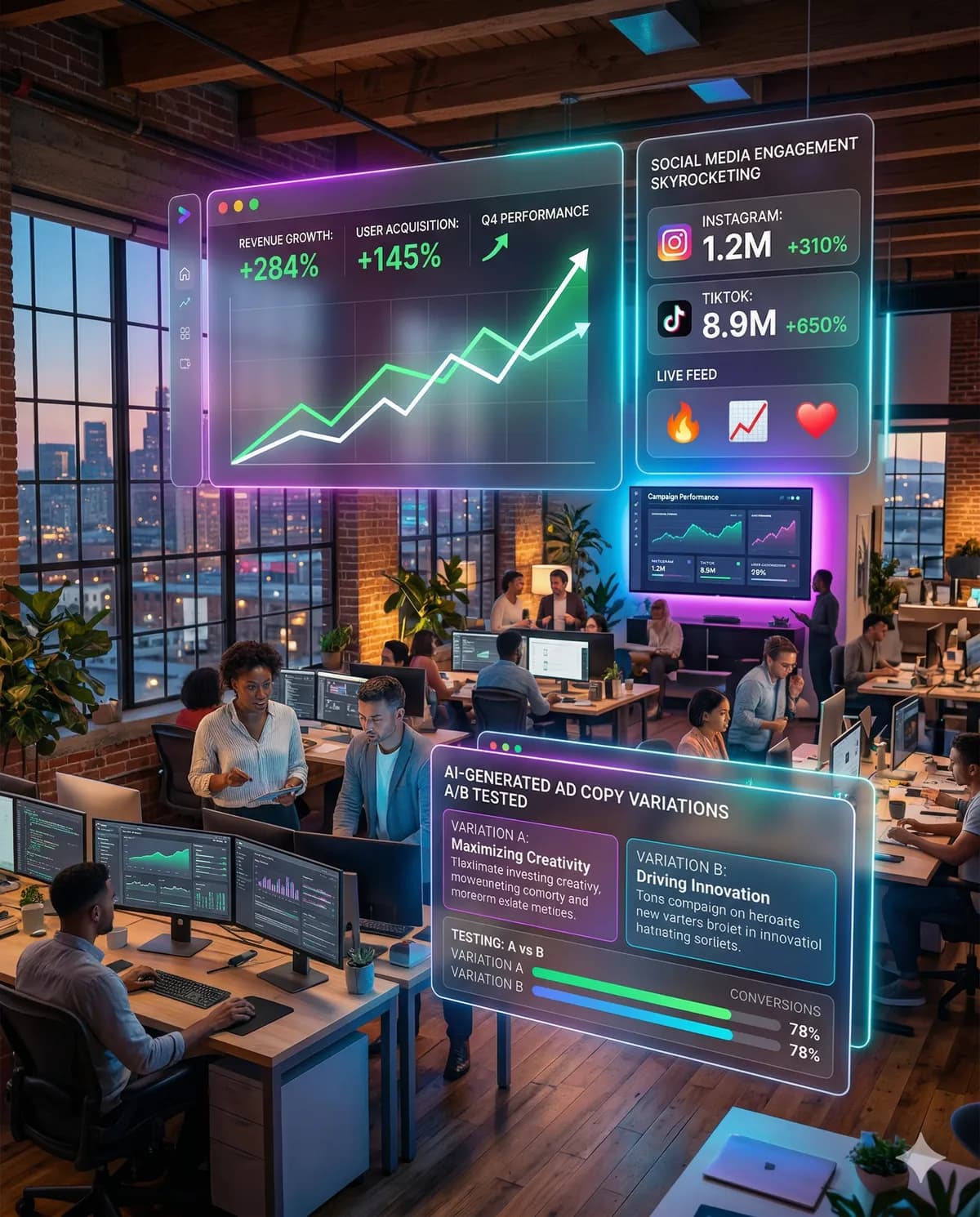 Marketing performance board with creative variations and campaign optimization metrics