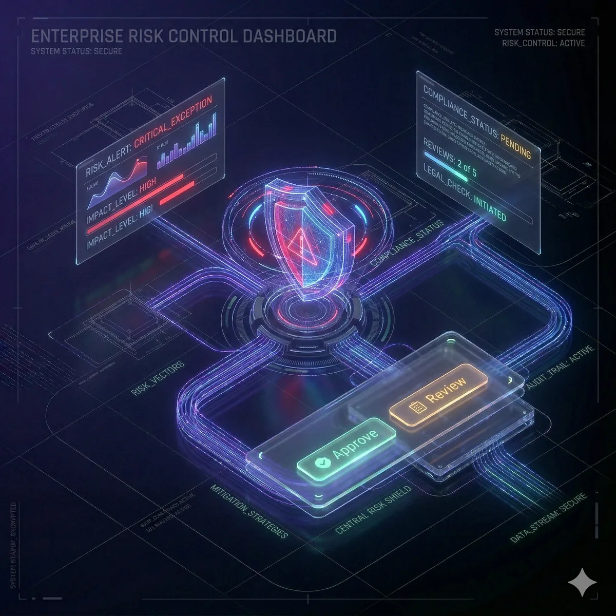 Risk control panel with approval workflows, audit logs, and compliance status indicators